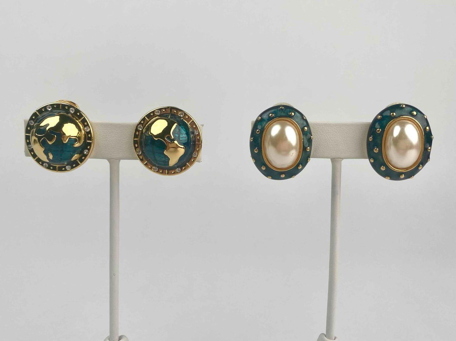 Two pairs of vintage Kenneth Jay Lane (KJL) clip on earrings. The first pair features a world globe (1 of 12)