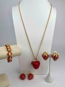 Signed Kenneth Jay Lane (KJL) designer jewelry set featuring vibrant red enamel and whimsical
