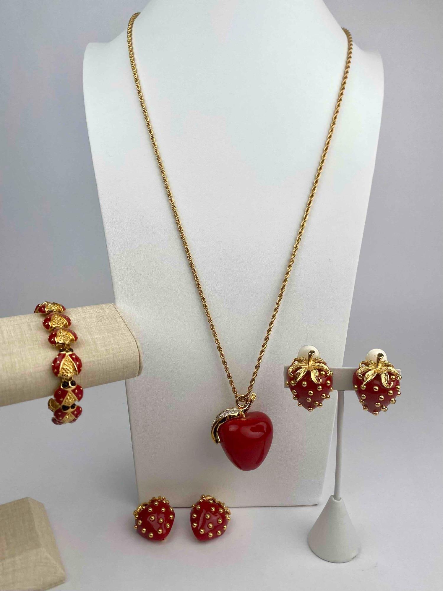 Signed Kenneth Jay Lane (KJL) designer jewelry set featuring vibrant red enamel and whimsical (1 of 12)