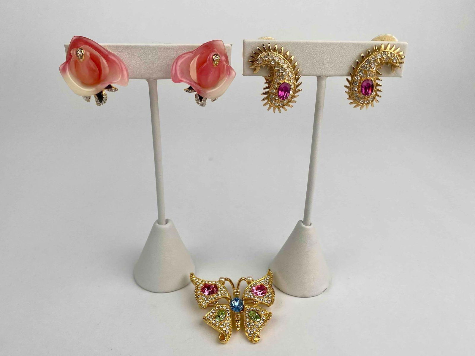 Collection of three signed Kenneth Jay Lane (KJL) jewelry pieces, including two pairs of clip on (1 of 12)
