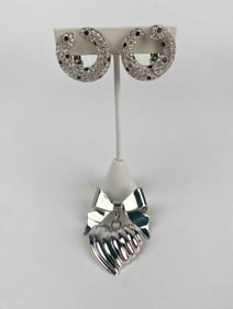 Signed Kenneth Jay Lane (KJL) jewelry set featuring a pair of sparkling hoop earrings and a heart