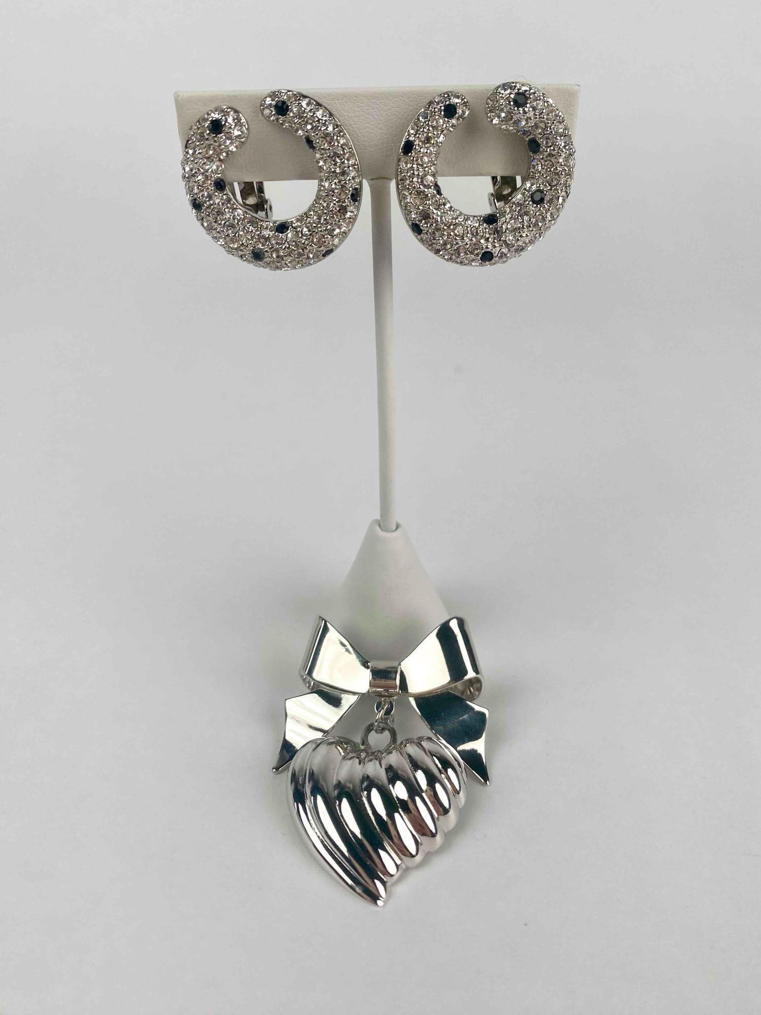 Signed Kenneth Jay Lane (KJL) jewelry set featuring a pair of sparkling hoop earrings and a heart (1 of 12)