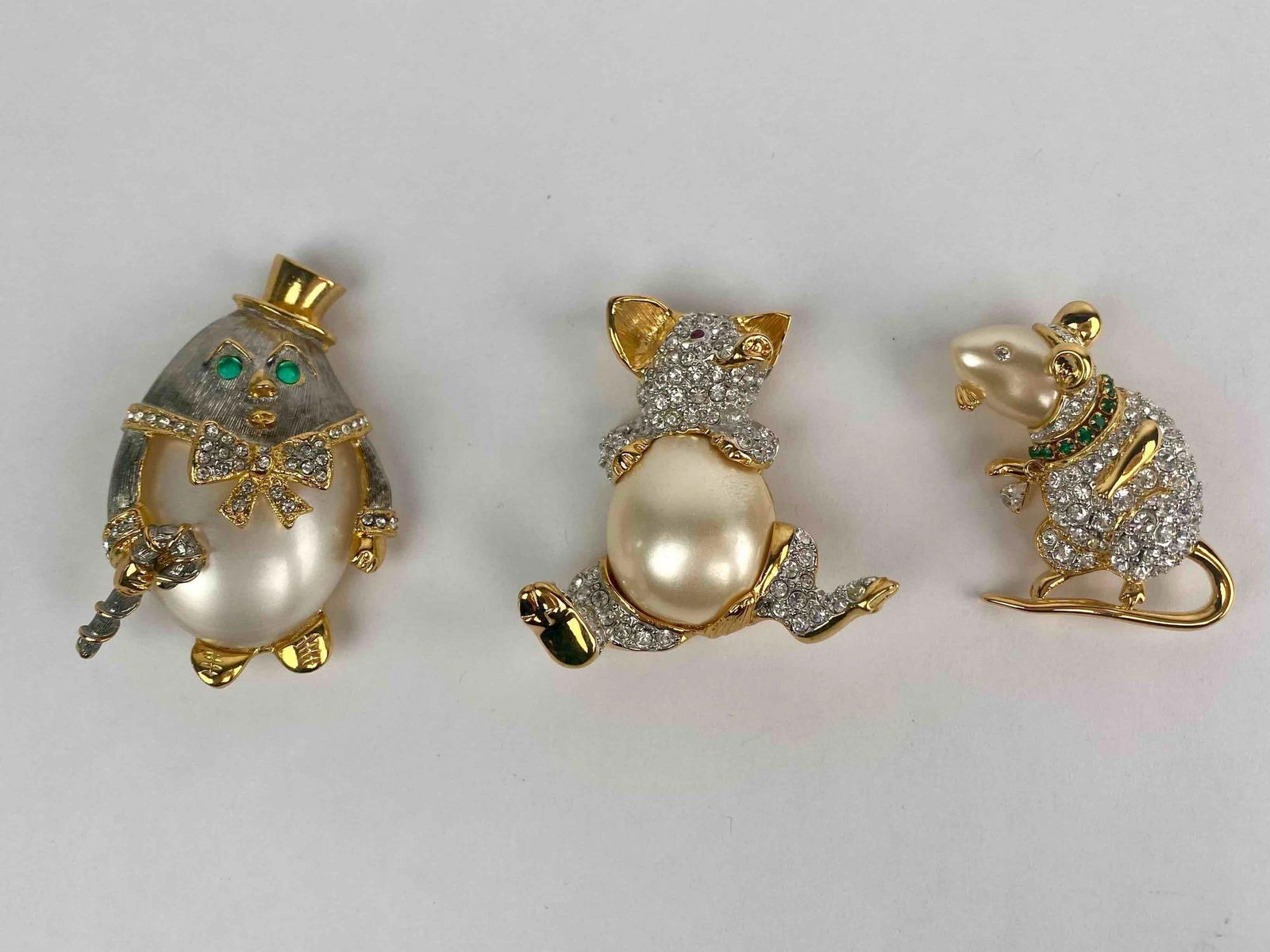Group of three signed KJL (Kenneth Jay Lane) brooches featuring animal characters with pearlized (1 of 12)