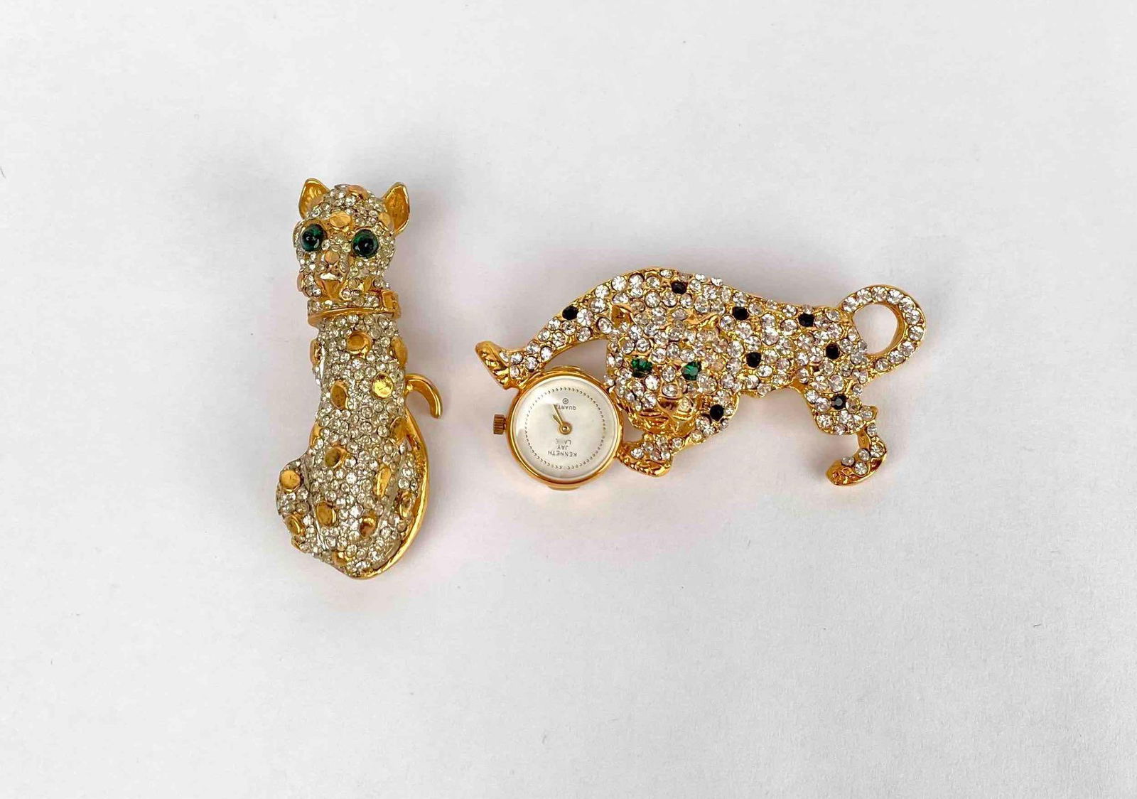 Set of gold tone cat brooches by Kenneth Jay Lane. Both brooches are adorned with rhinestones and (1 of 11)