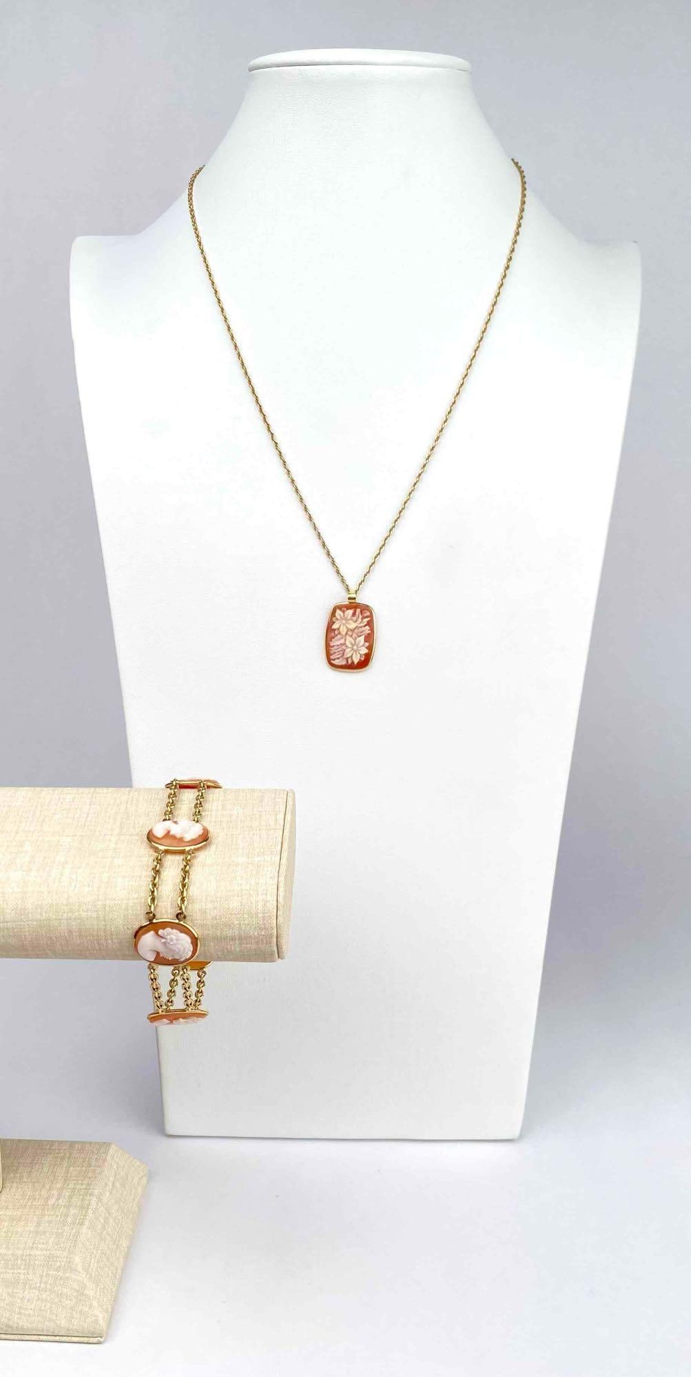 14K yellow gold Italian cameo jewelry set, including a pendant necklace and a double strand (1 of 12)