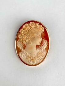 Finely detailed hand carved shell cameo brooch, set in a polished 14K gold bezel frame. The cameo