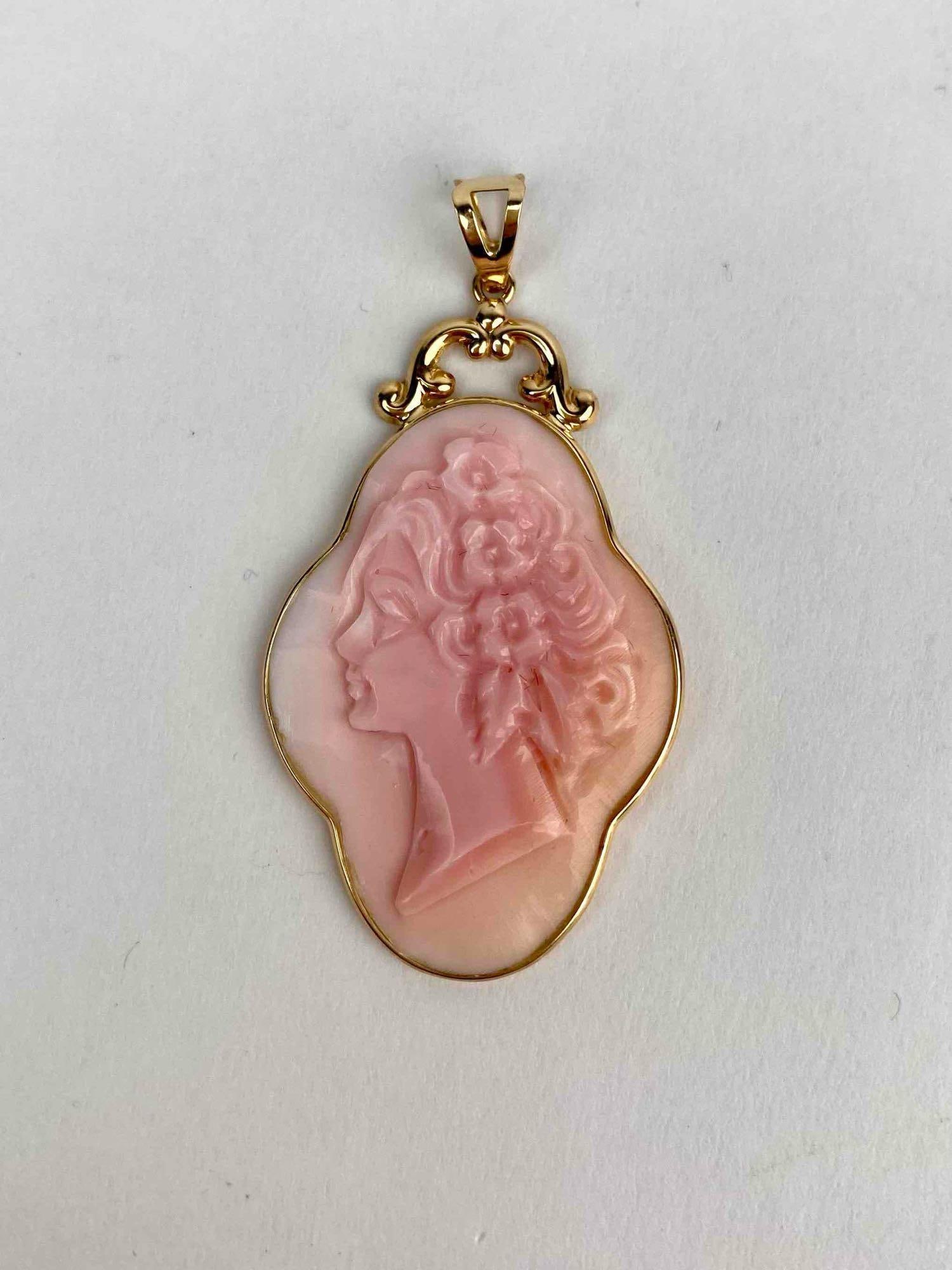 Carved pink shell cameo pendant set in 14K yellow gold. The cameo features a classical female (1 of 7)