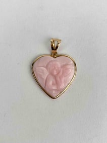 14K gold Italian heart shaped pendant showcasing a hand carved pink shell cameo of a cherub in