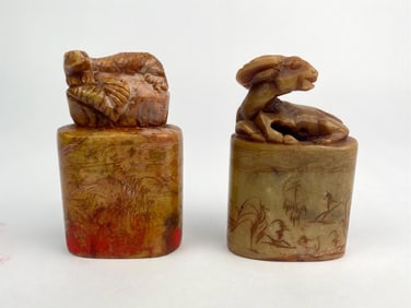 Pair of Hand Carved Chinese Soapstone Animal Seal Chops with Landscape Etching