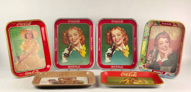 Collection of 6 Vintage Coca Cola Advertising Trays (1940s to 1980s): Collection of six Coca Cola advertising trays, featuring iconic imagery, classic branding and nostalgic scenes. Set includes a mix of vintage originals and later reproductions, such as the popular