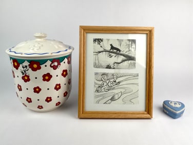Group of Disney Collectibles Including Pfaltzgraff Jar, Wedgwood Trinket Box, and Framed Sketches