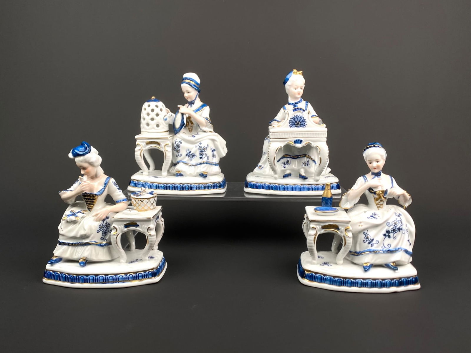 Set of Four KPM Blue and White Porcelain Figurines with Tables (1 of 11)