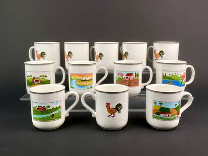 Set of 12 Villeroy & Boch Design Naif Porcelain Mugs: Set of twelve porcelain mugs from Villeroy and Boch's Design Naif series featuring artwork by Gerard Laplau. Each mug showcases a rural or village scene in folk art style, including pastoral