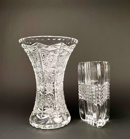 Pair of Hand Cut Lead Crystal Vases (Bohemian and Signed Rogaska)
