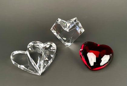 Lot of Three Baccarat Crystal Heart Figurines
