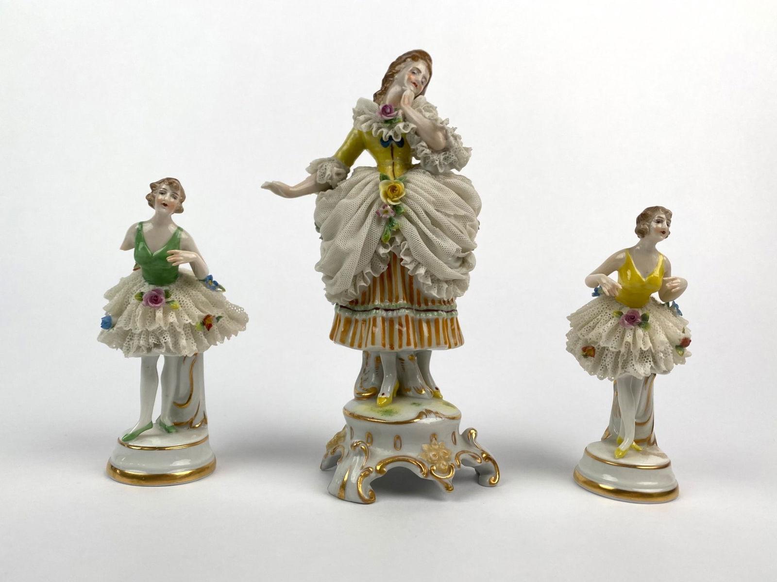 Set of Three German Dresden Lace Porcelain Figurines (1 of 12)