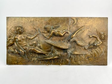 Bronze Relief Plaque Depicting Mythological Scene with Figures and Cherubs