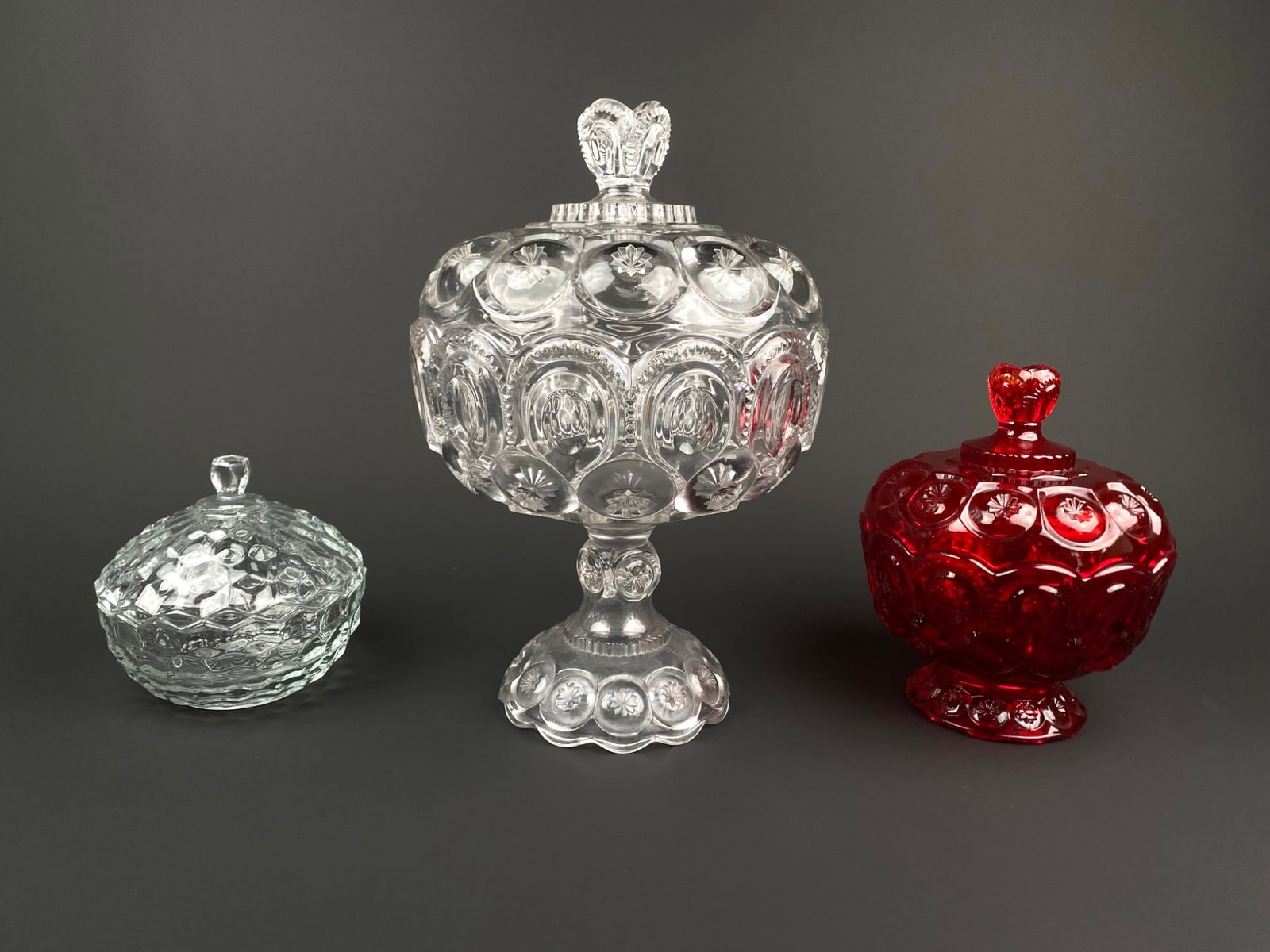 Set of Three Pressed Glass Covered Compotes (1 of 11)