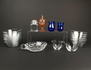 Lot of Mixed Vintage and Pressed Glass Bowls, Creamers and Decorative Vessels
