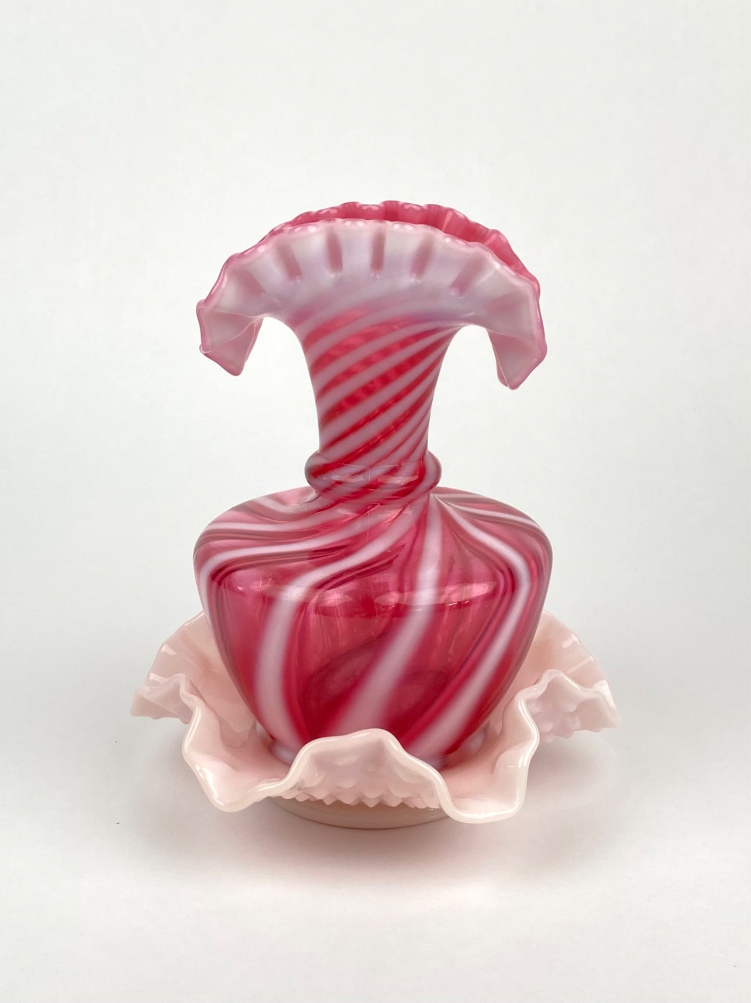 Fenton Cranberry Swirl Vase with Hobnail Bowl Base (1 of 11)