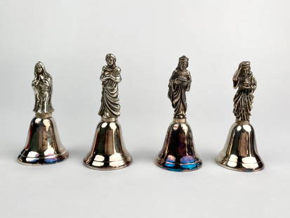 Reed & Barton Sterling Silver Nativity Bells Set of 4 (Original Boxes): Set of four sterling silver Nativity Bells by Reed and Barton, from their limited collector's series of ten bells. Each bell is topped with a detailed cast figure representing characters from the Nati