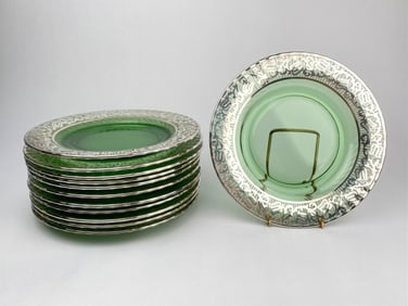 Set of 12 Art Deco Green Depression Glass Plates with Silver Overlay