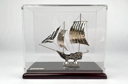 Handmade 950 Silver Santa Maria Ship Model in Display Case