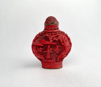 Chinese Cinnabar Lacquer Snuff Bottle with Scenic Relief