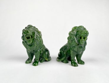 Pair of Green Carved Stone Lion Figurines