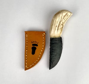Flint Blade Knife with Antler Handle and Leather Sheath