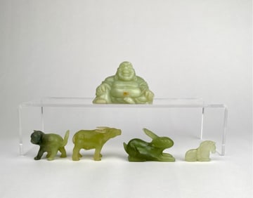 Collection of Five Carved Greenstone Figures (Buddha and Animals)
