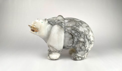 Huge Carved Marble Bear Sculpture with Inlaid Details Holding Fish