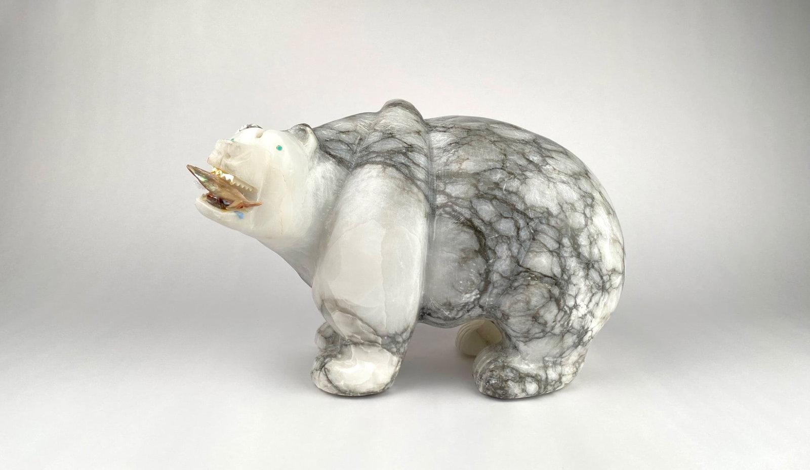 Huge Carved Marble Bear Sculpture with Inlaid Details Holding Fish (1 of 12)