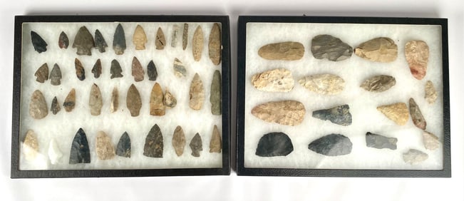 Pair of Display Cases with Prehistoric Stone Arrowheads and Tools