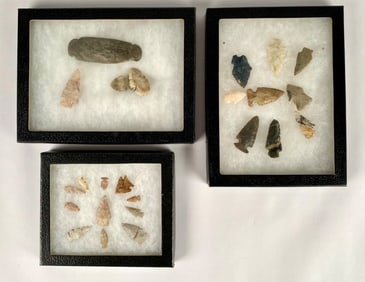 Native American Arrowheads and Tools in 3 Display Cases
