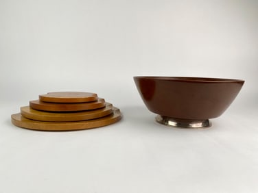 Mid Century Modern Wood Trivet Set and Sterling Silver Mounted Mahogany Bowl