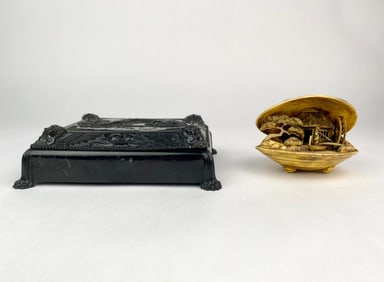 Japanese Carved Clam Shell Diorama and Society Belle Pearl Presentation Box