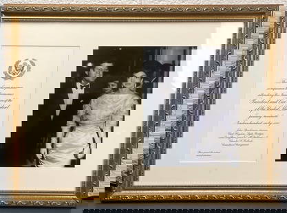 Framed John F. Kennedy Inauguration Invitation and Photograph (COA): Framed display featuring an original printed invitation to the January 20, 1961 inauguration ceremonies of President John F. Kennedy and Vice President Lyndon B. Johnson, accompanied by a black and wh