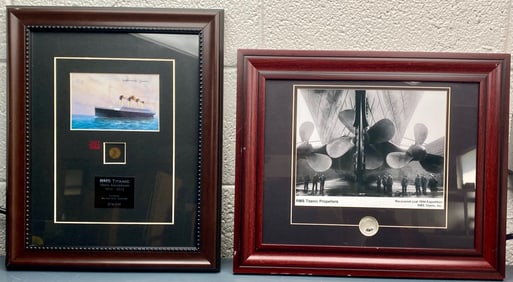 Framed RMS Titanic Collectible Display Pair Featuring Coal Artifact and Survivor Signature