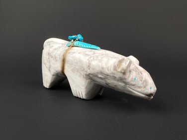 Zuni Carved Marble Bear Fetish with Turquoise Offering