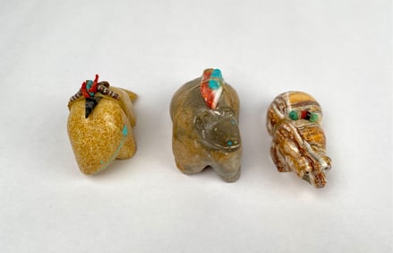 Three Zuni Carved Animal Fetishes with Offerings