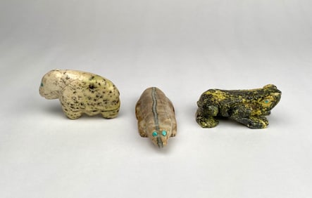 Group of 3 Zuni Carved Stone Animal Fetishes (Frog, Bear and Lizard)