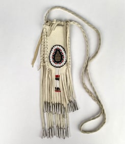 Native American White Buckskin Beaded Pouch