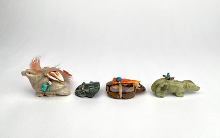 Lot of Four Zuni Fetish Animal Carvings with Offerings