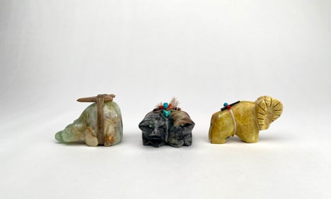 Set of Three Zuni Fetish Animal Carvings with Offerings