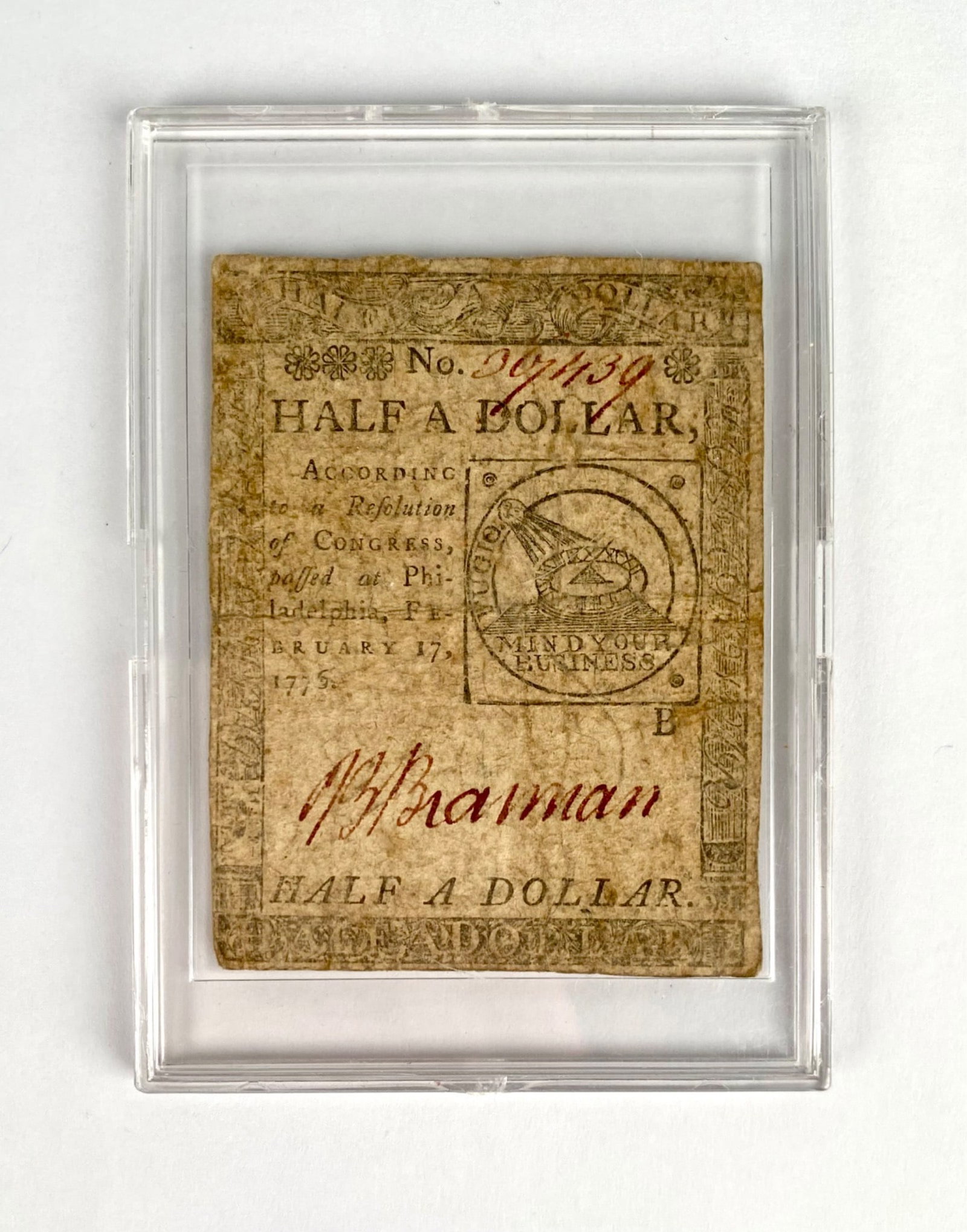 1776 Continental Currency Half Dollar Note Signed by J. Brannan (1 of 5)