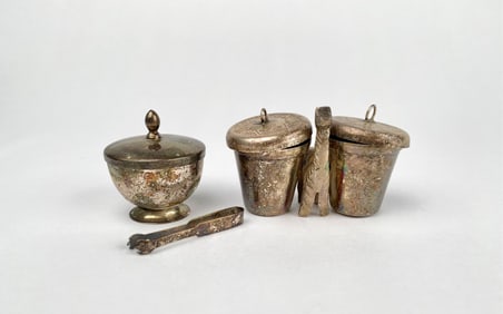 Miniature Silver Plated Covered Sugar Bowl and Double Spice Pots