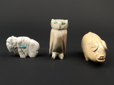 Trio of Zuni Carved Fetishes featuring Bison, Owl and Pig