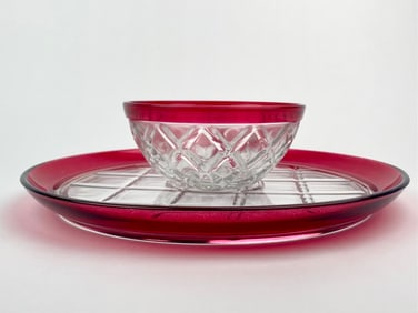 Cranberry Flash Diamond Cut Glass Serving Set, 2 Pieces