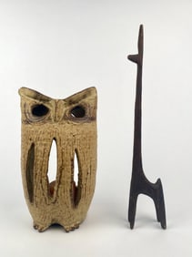 Mid Century Modern Ceramic Owl Lantern and Abstract Carved Wooden Giraffe Sculpture